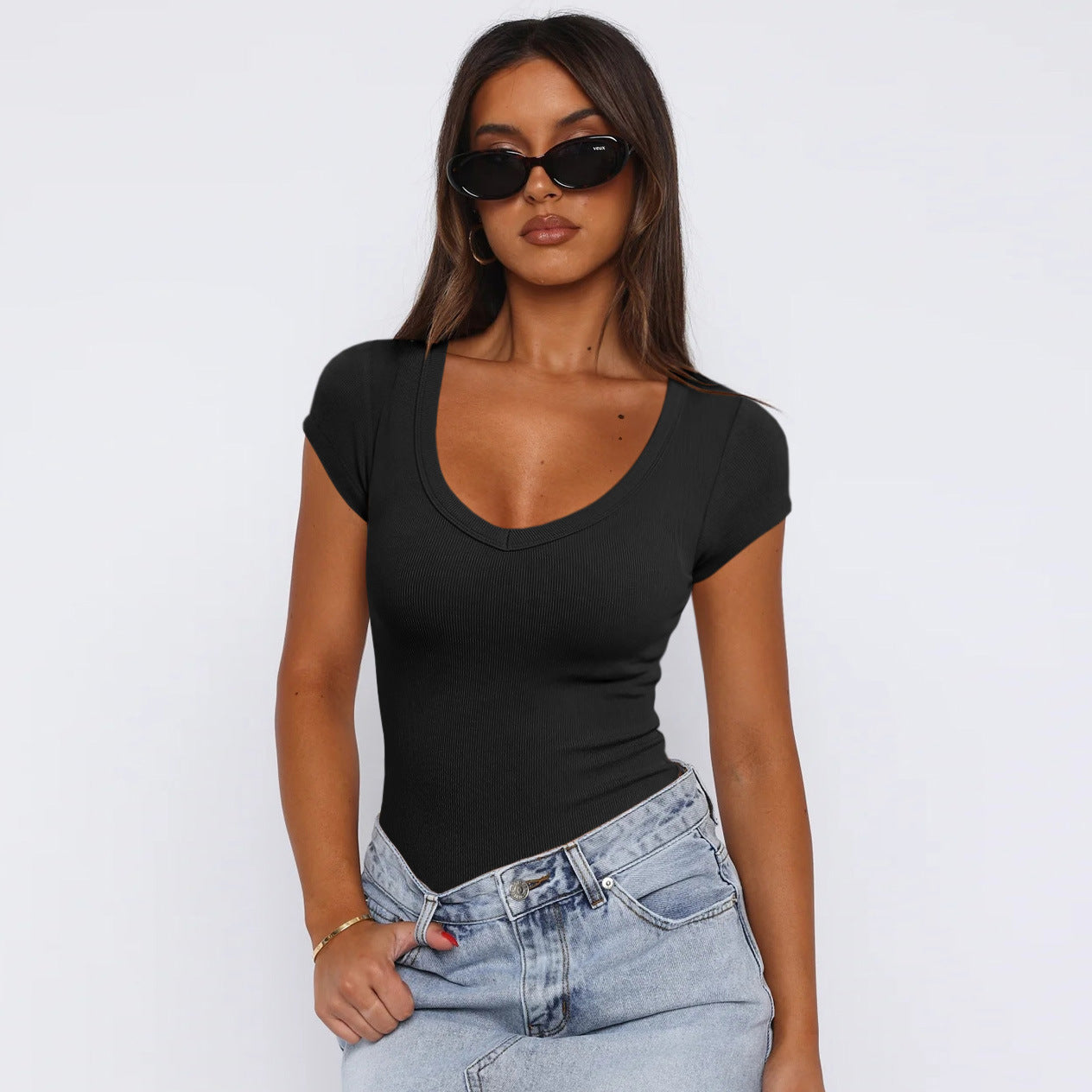 Summer Women's thread set head solid color, fashion short-sleeved blouse for women