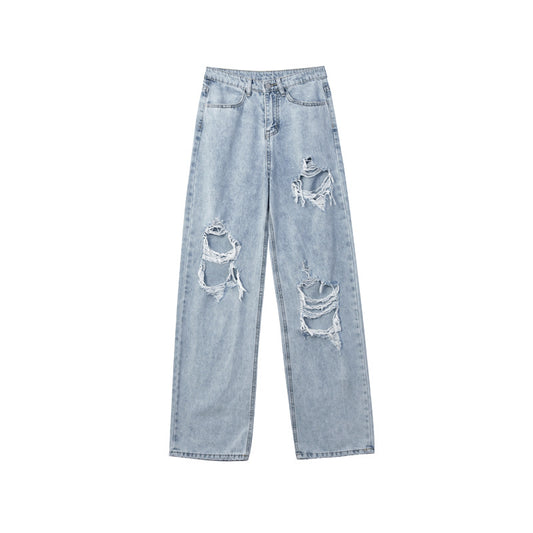2022 plus-size fat mm high waist ripped jeans for women with a wide leg Hyuna straight pants