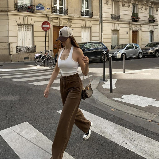 2021 Vintage Straight leg high waist slim brown jeans