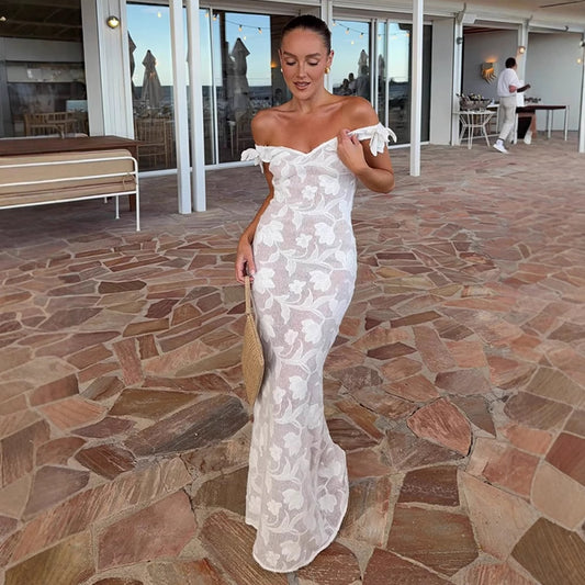 Solid-color  and slimming one-shoulder slightly transparent knitted flower-patterned backless evening dress style
