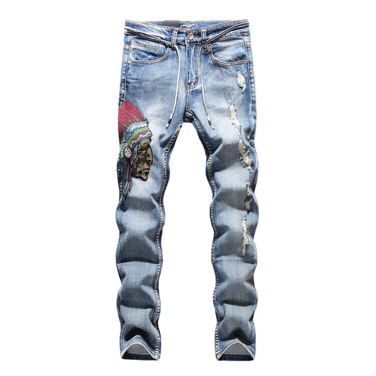 Embroidered Frayed Jeans for Men