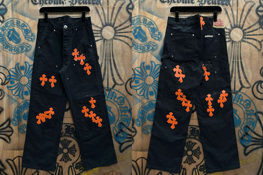 American top style orange cross leather Sanskrit straight wash jeans