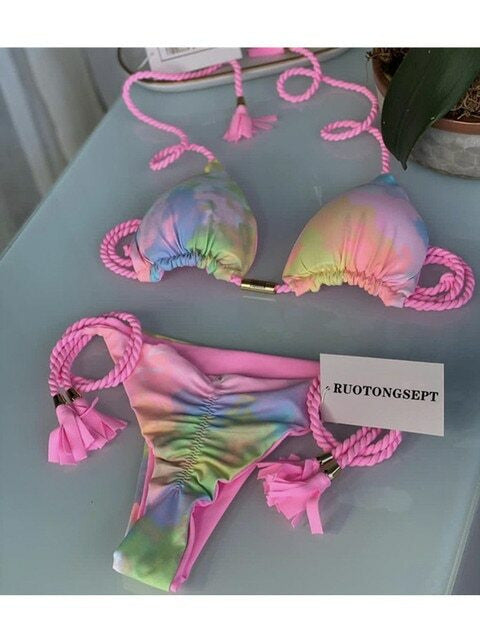 Swimsuit,  triangle bag, bikini, women's two-piece solid color,  multi-color bed rope, bikini