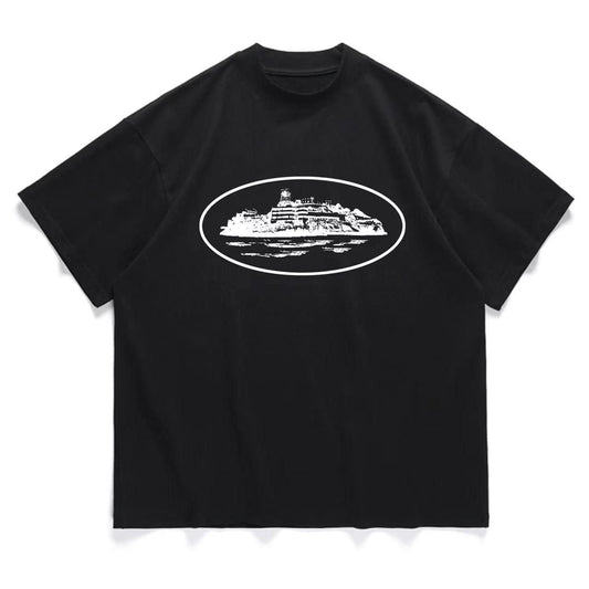 Black themed printed short-sleeved T-shirt